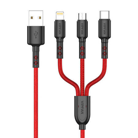 Vipfan X02 3-în-1 USB-C / Lightning / Micro 3.5A 1.5m cablu USB (rosu)