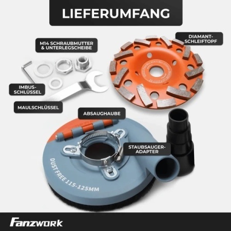 Aparatoare de aspirare a prafului pentru polizor unghiular (flex) 115–125 mm FANZWORK, include disc oala diamantat 125 mm pentru slefuit beton, sapa si adeziv gresie, calitate profesionala - Img 3