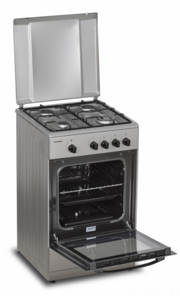 Aragaz pe gaz Heinner HFSC-SME50SL, 50X50 cm, 4 arzatoare, suport email, capac metalic, dispozitiv de siguranta plita si cuptor, usa cuptor cu geam dublu, duze GPL incluse, tava si gratar cromat, culoare Argintiu - Img 3