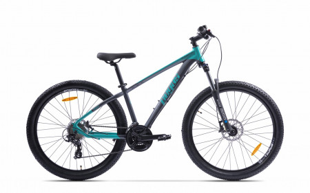 Bicicleta MTB Pegas Drumet, cadru aluminiu, marime XS, 24 viteze, manete schimbator Shimano, frane disc fata/spate, roti 27.5 inch, Turcoaz