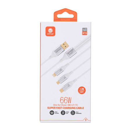 Cablu USB Vipfan X15 3-în-1 USB-C / Lightning / Micro 66W 1,2 m, placat cu aur (alb) - Img 2