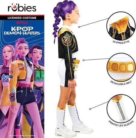 Costum Deluxe Copii Rubies Rumi Golden Hybrid – K-Pop Demon Hunters, Licențiat Oficial Netflix, Include Top, Jachetă, Pantaloni Scurți și Jambiere, pentru Carnaval, Halloween și Petreceri Tematice - Img 6