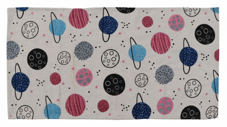 Covor copii printat Planete 90x130 cm, 100% bumbac, densitate 850 GSM, spate anti-alunecare