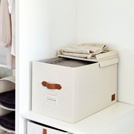 Cutie Depozitare Premium cu Capac XL Bej, Organizator Haine și Lenjerii din Țesătură de In, Mânere din Piele Ecologică, Structură Ranforsată cu Lemn, Fereastră Etichetă, 50 x 33 x 32 cm - Img 7