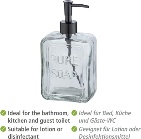 Dozator Reîncărcabil de Săpun Lichid din Sticlă Masivă 550 ml, Formă Cubică cu Muchii Verticale, Pompă Neagră Mată, Inscripție Pure Soap, pentru Baie și Bucătărie - Img 6