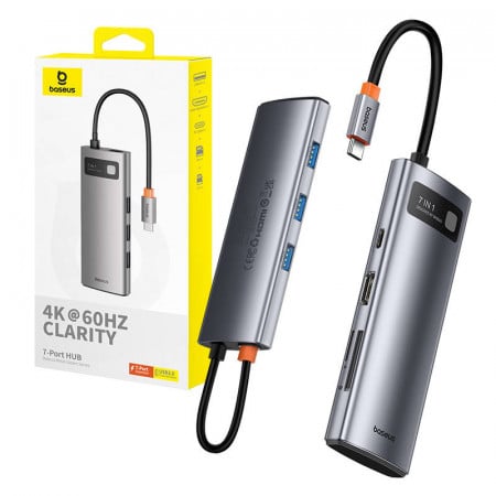 Hub 7in1 Baseus Gleam, USB-C la 1x HDMI4K 60Hz + 3x USB3.0 + 1x PD + 1x SD/TF (gri)