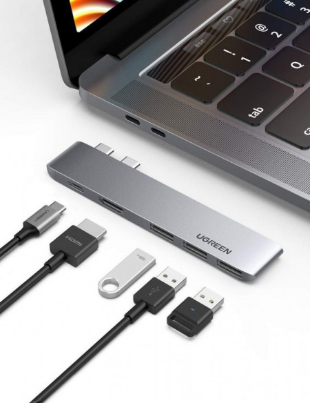 HUB multifunctional UGREEN, 2x USB Typ C - USB Typ C PD (Thunderbolt 3, 100W, 4K@60 Hz, 10 Gbps) / HDMI 4K@30 Hz / 3x USB 3.0 pentru MacBook Pro / Air gray (60559) - Img 4