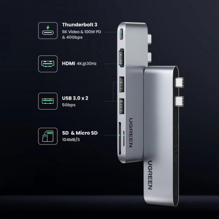 HUB Ugreen CM380 2xUSB C - HDMI/2xUSB 3.0/SD TF/USB C PD - gri - Img 2