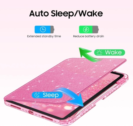 Husă Rotativă 360° Fintie pentru iPad 11 Gen (A16, 11") și iPad 10 Gen (10.9"), Suport Apple Pencil, Funcție Auto Sleep/Wake, Spate Hibrid PC+TPU, Roz cu Sclipici (Glittering Pink) - Img 2