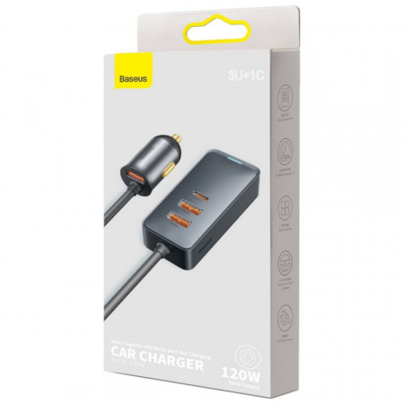 Incarcator auto Baseus Share Together cu prelungitor, 3x USB, USB-C, 120W (gri) - Img 2