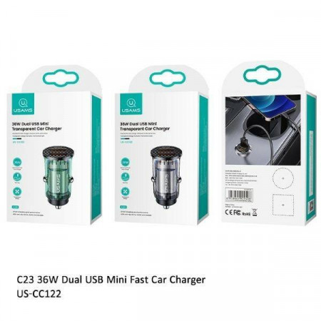 Incarcator auto USAMS 2XUSB C23 36W transparent albastru - Img 3