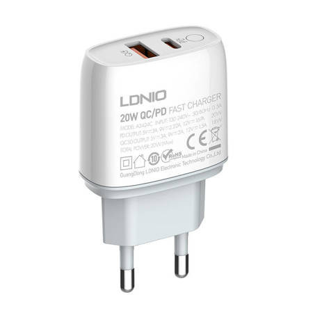 Incarcator de perete LDNIO A2424C, USB + USB-C, PD + QC 3.0, 20W (alb)