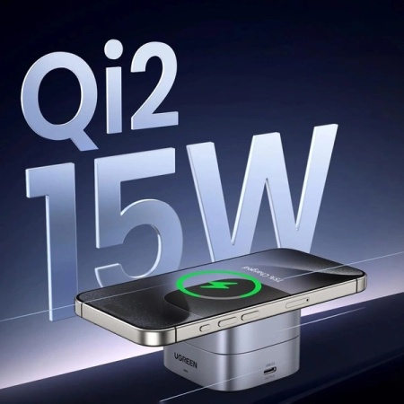 Incarcator inductiv Ugreen W702 3in1 cu MagSafe / Qi2 si port USB-C pentru telefon / casti - negru - Img 2