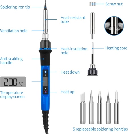Kit Ciocan de Lipit / Pistol de Lemn / Solder 80W Typec Home cu Afișaj LCD, Temperatură Reglabilă 180-480°C, Funcție Sleep și Set Complet 6 Vârfuri - Img 6