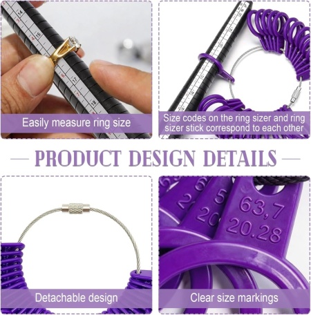 Kit Complet pentru Măsurarea Mărimii Inelelor și Degetelor, Mandrină Gradată US/UK 26.5 cm și Set Inele de Calibrare Mov Mărimi US 0–13, Dispozitiv Precis pentru Bijuterii, Verighete și Inele de Logodnă - Img 7