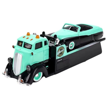 MAISTO DESIGN ELITE TRANSPORT SET CAMION CU RAMPA COE FLATBED SI MASINUTA MERCURY CUSTOM 1950 SCARA 1 LA 64 - Img 2