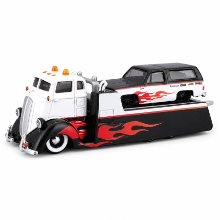 MAISTO DESIGN ELITE TRANSPORT SET CAMION CU RAMPA COE FLATBED SI MASINUTA CHEVROLET K5 BLAZER 1979 SCARA 1 LA 64 - Img 3
