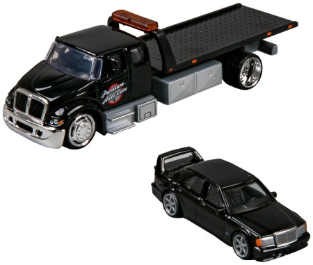 MAISTO DESIGN ELITE TRANSPORT SET CAMION CU RAMPA INTERNATIONAL DURASTAR FLATBED SI MASINUTA MERCEDES BENZ 190E 1990 SCARA 1 LA 64 - Img 2