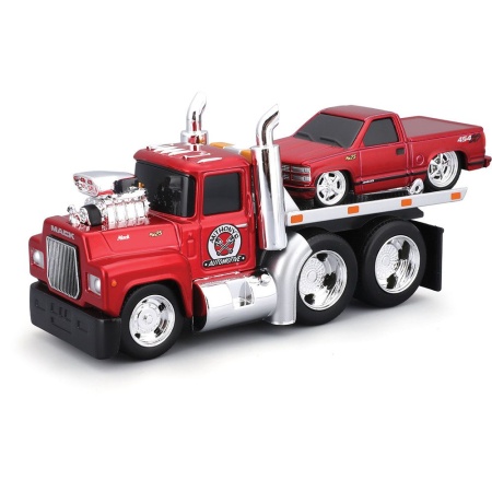 MAISTO MUSCLE TRANSPORTS SET CAMION CU PLATFORMA MACK R685ST FLATBED 1980 SI MASINUTA CHEVROLET 454 SS PICKUP 1993 SCARA 1 LA 64 - Img 2