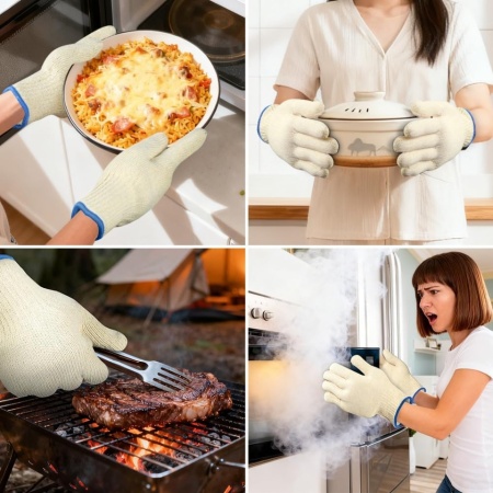 Mănuși Termorezistente de Bucătărie și Grătar AUAUY (1 Pereche), Bumbac Tricotat Dublu Strat, Rezistență până la 250°C, Design Ergonomic cu 5 Degete Ambidextru, Lungime 26 cm, pentru Cuptor, Tăvi Incinse, Fontă și BBQ - Img 3