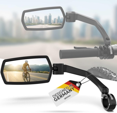 Oglindă Retrovizoare pentru Bicicletă și E-Bike Wittkop, Lentilă Convexă HD din Sticlă Veritabilă, Câmp Vizual Extins, Rotire 360° și Braț Pliabil, Montaj Universal pe Ghidon (Superior / Inferior), Carcasă Ranforsată Anti-Șoc, Negru - Img 2