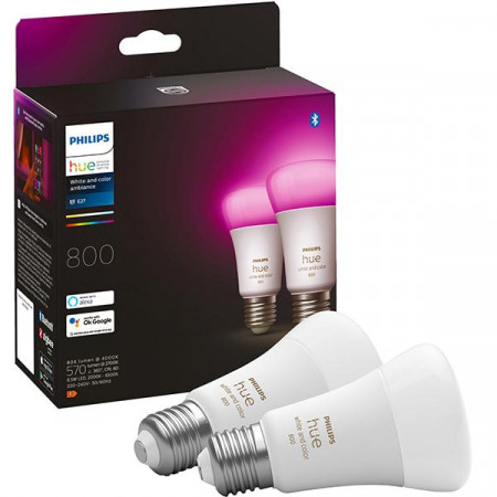 Pachet 2 becuri LED RGB inteligente Philips Hue A60, Bluetooth, Zigbee, E27, 9W (60W), 806 lm, lumina colorata, clasa energetica F