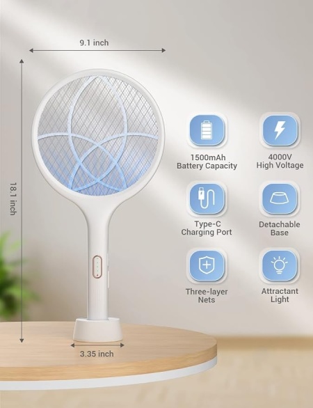 Paletă electrică anti-insecte și țânțari 4000V, mod dublu de funcționare (manual și lampă UV), reîncărcabilă USB, plasă de protecție pe 3 straturi, Alb - Img 5
