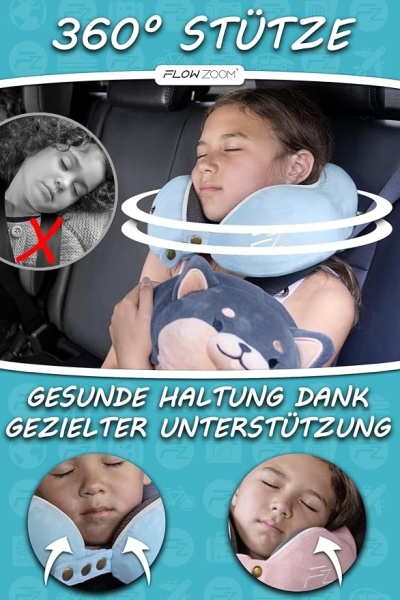 Perna de calatorie pentru copii FLOWZOOM Comfy, spuma cu memorie, husa moale detasabila si lavabila, pentru masina si avion, varsta 6+ ani, marimea M, Albastru - Img 5