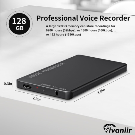 Reportofon digital Vivanir de 128 GB, timp de înregistrare lungă de 350 de ore (baterie masivă de 2500 mAh), reportofon activat vocal USB-C cu redare si reducere a zgomotului, ideal pentru conferinte interviu - Img 2