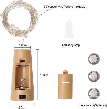 Set 12 Instalații Luminoase Tip Dop pentru Sticle , 2 Metri, 20 LED-uri, Fir Argintiu Flexibil, Alimentare cu Baterii, Lumină Alb Cald, Clasa A - Img 7