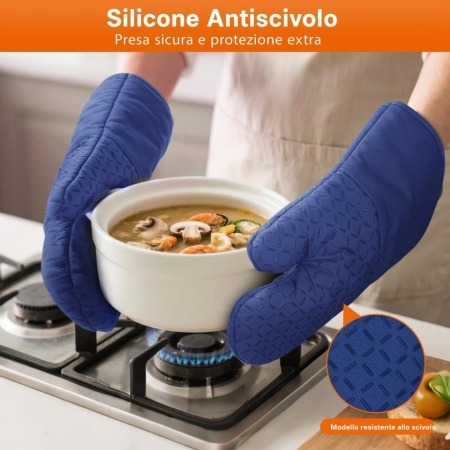 Set 4 Piese Mănuși de Bucătărie și Suporturi pentru Oale, Rezistente la Temperaturi Înalte (Până la 300°C / 572°F), Lungime Extinsă 32 cm, Silicon Anti-Alunecare, Albastru - Img 7