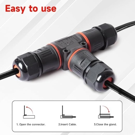 Set 5 conectori electrici etansi tip T pentru cablu exterior Ø3-12 mm, doza ramificatie impermeabila IP68 3 cai, mufa etansa pentru instalatii electrice gradina, iluminat exterior si subteran - Img 7