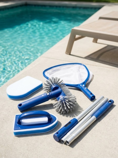 Set curățare și întreținere piscină 5 piese – Tijă telescopică din aluminiu, minciog suprafață, perie colțuri 360°, perie manuală cu mâner și burete abraziv, albastru/alb - Img 2