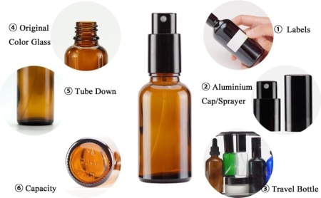 Set Sticluțe din Sticlă Brună 30 ml cu Pulverizator Fin din Aluminiu, Protecție UV, Reîncărcabile, pentru Uleiuri Esențiale, Aromaterapie, Cosmetice, Apă de Trandafiri și Curățenie, Pachet Complet cu Pâlnii și Pipete - Img 2