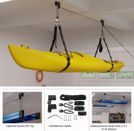 Sistem de Ridicare și Depozitare pe Tavan Rad Sportz Kayak Hoist, Suport Tip Scripete pentru Caiac, Canoe, Scări și Cutii Portbagaj, Capacitate 57 kg (125 lbs), Mecanism de Blocare Automată, pentru Garaj și Înălțimi până la 3.65 m - Img 7