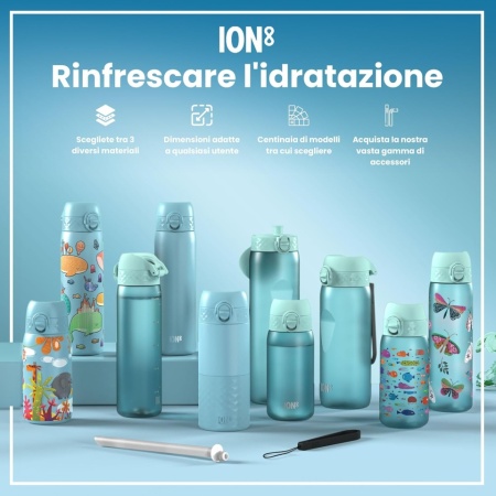 Sticlă de Apă pentru Copii ION8 350 ml, Etanșă Anti-Scurgere (Leak Proof), Capac cu Deschidere Rapidă One-Touch și Blocare de Siguranță, Mâner Integrat, Fără BPA din Recyclon®, Compatibilă cu Mașina de Spălat Vase, Model Blue Unicorns - Img 2