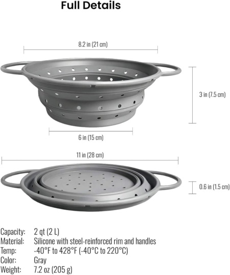Strecurătoare Pliabilă din Silicon Alimentar Typec Home de 1.9L cu Mâner Metalic Ranforsat, Rezistentă Termic , Pliere la 1.5 cm, Scurgere Rapidă, pentru Paste, Fructe, Legume - Img 6