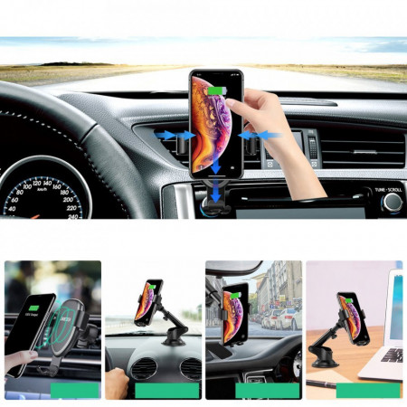 Suport auto cu incarcare wireless Choetech Qi 10W Gravity + Clip pentru prindere ventilatie + Cablu de 1.2m Micro USB Black (T536-S) - Img 6