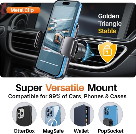 Suport Auto pentru Telefon cu Montare pe Grila de Ventilație – Versiunea Nouă 2026, Sistem de Blocare Triplu cu Cârlig Metalic, Rotație 360°, Compatibil cu Telefoane 4 – 7.5 Inch - Img 3