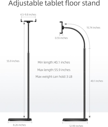 Suport de Podea Reglabil pentru Tabletă și Telefon LanPavilion, Braț Flexibil Tip Gât de Lebădă 40 cm, Rotație 360°, Bază Metalică Stabilă și Grea (1.8 kg), Compatibil 4.7–12.9 Inch, Negru - Img 4