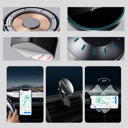 Suport telefon mobil magnetic Baseus incarcator wireless Qi 15 W (compatibil MagSafe pentru iPhone) negru (WXJN-01) - Img 4