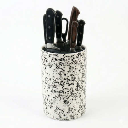 Suport Universal pentru Cuțite, Ceramic, Design Modern cu Stropi , Interior cu Peri Flexibili, 20cm, Alb/Negru - Img 2