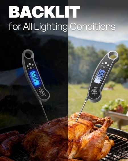 Termometru Digital Profesional pentru Carne și Alimente BESROY, Sondă Pliabilă din Inox Alimentar, Citire Rapidă 2–3s, Ecran LCD Iluminat, Carcasă Rezistentă la Apă, Gri Neutru - Img 5