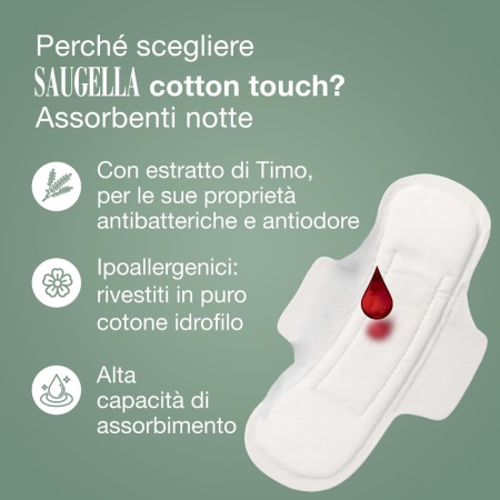 Absorbante de Noapte cu Aripioare Saugella Cotton Touch, 100% Bumbac, Protecție Activă cu Extract de Cimbru (Thymus Vulgaris), Hipoalergenice, 36 Bucăți - Img 9