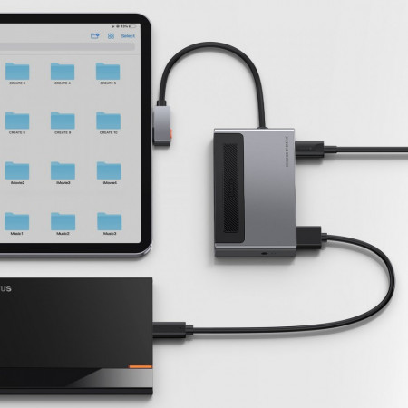 Adaptor HUB Baseus 6in1 multifunctional with power switch USB Type C - USB Type C Power Delivery 100 W / HDMI 4K 60 Hz / SD and microSD memory card reader / USB 3.2 Gen 1 / 3,5 mm mini jack gray (CAHUB-DA0G) - Img 7