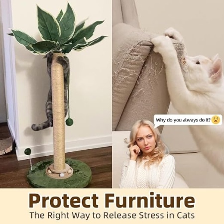 Ansamblu de joacă și stâlp pentru ascuțit ghearele pisici, 90 cm, sisal natural, cu perie de masaj/toaletare și minge interactivă, pentru pui și adulți - Img 4