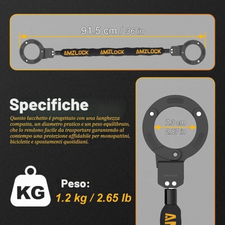 Antifurt / Lacăt tip Cătușă pentru Trotinetă Electrică și Bicicletă AMZLOCK, Lungime 90 cm, Greutate 1.2 kg, Oțel aliat, Închidere Automată One-Touch, Include 3 Chei, Negru - Img 5