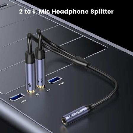 Cablu Adaptor Splitter Audio MOSWAG Jack 3.5mm Mamă la 2x Jack 3.5mm Tată, Conectori Placați cu Aur 24K - Img 2