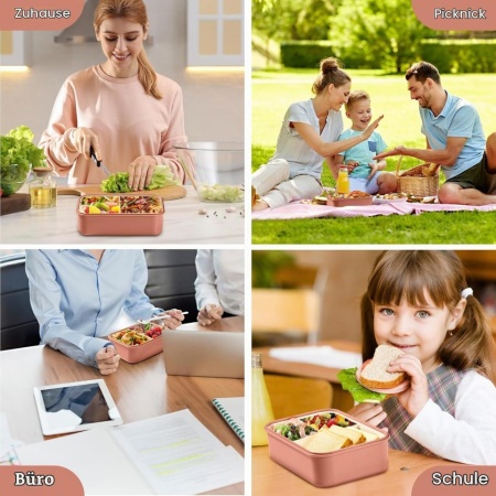 Caserolă Alimentară Bento 1400 ml, 3 Compartimente Detașabile, Set Tacâmuri Inclus, Etanșare Antiscurgere, Compatibilă cu Microunde și Mașina de Spălat Vase, Roz - Img 2