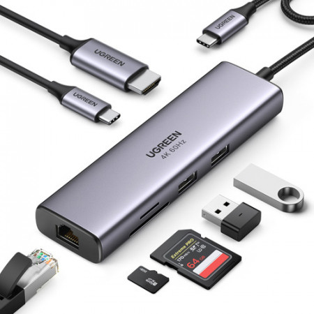 HUB multifunctional Ugreen 7in1 USB Type C - 2x USB 3.2 Gen 1 / HDMI 4K 60Hz / Cititor de carduri SD si TF / USB Tip C PD 100W / RJ45 1000Mbps (1Gbps) gri (60515 CM512) - Img 7